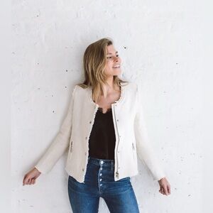 Women’s Cream Fringe-Trim Tweed Jacket, Size medium